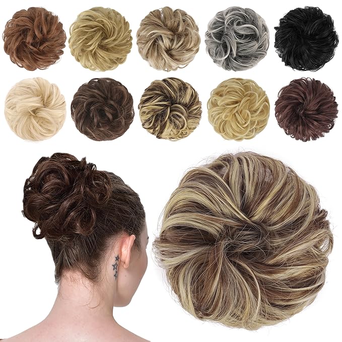 FESHFEN Messy Bun Hair Piece - Wavy Synthetic Chignon Scrunchies for Instant Volume, Elastic Bun Ponytail Hair Extensions Thick Hairpieces for Women, Copper Brown & Beige Blonde 1.50 oz