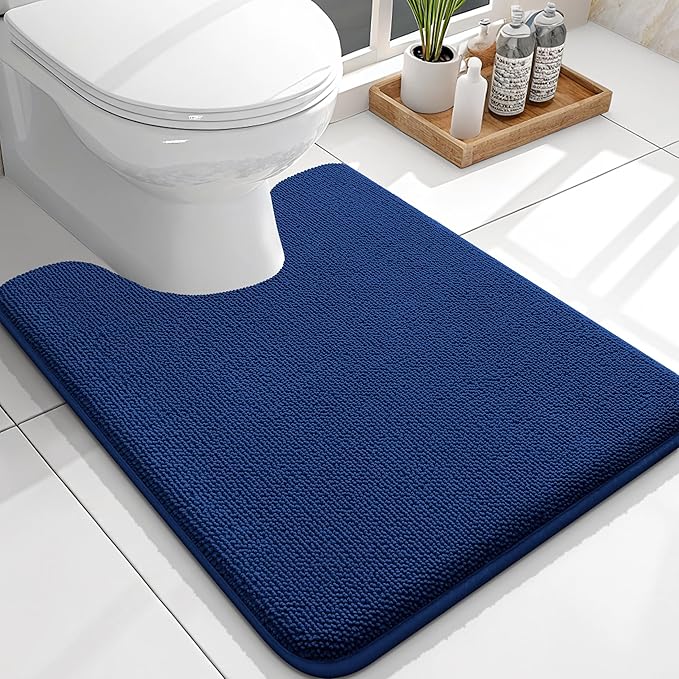 OLANLY Toilet Rugs U-Shaped 24x20, Extra Soft Absorbent Thick Memory Foam Contour Bathroom Rugs, Dry Quickly, Machine Washable, Non-Slip Toilet Bath Mat, Home Decor Accessories, Navy