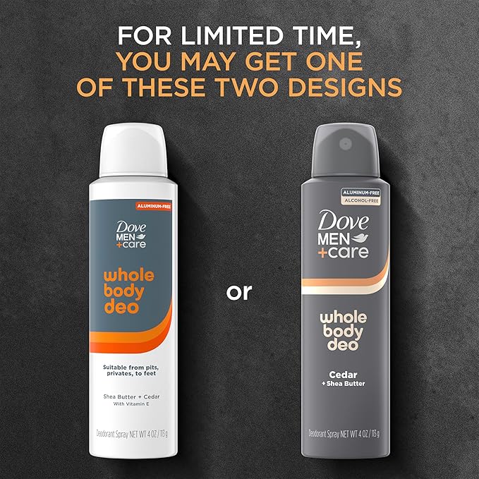 DOVE MEN + CARE Whole Body Deo Aluminum Free Deodorant Spray Cedar + Shea Butter Suitable from Pits, Privates, to Feet with Vitamin E 4 oz