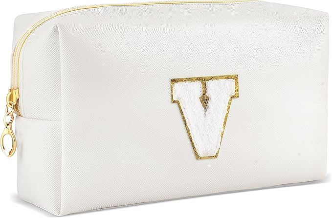 URSKYTOUS Gifts for Girls Initial Makeup Bag Personalized Cosmetic Bag with Zipper Cute Travel Toiletry Bags Waterproof PU Preppy Makeup Pouch Birthday Gift for Teen Girls Women(White V)