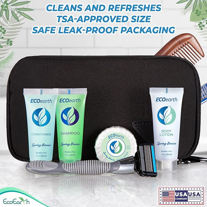 EcoEarth Hotel Toiletries Bundle (Spring Breeze, 1 oz each, 200 Pieces) 4-Piece Set: 50 Round Bar Soap, 50 Shampoo, 50 Conditioner & 50 Body Lotion - Bulk Mini Guest Amenities