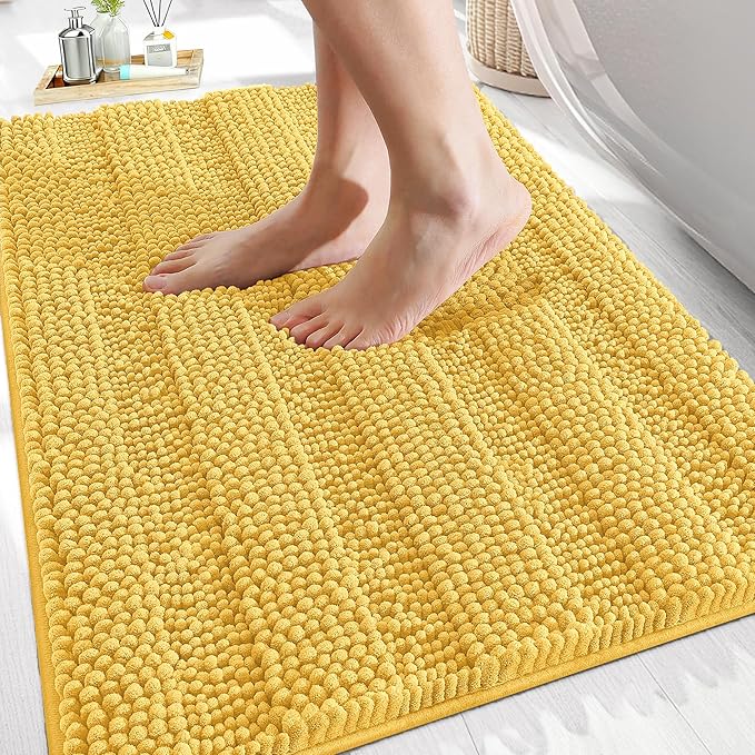 OLANLY Thick Bathroom Rugs 30x20, Extra Soft Absorbent Chenille Striped Bath Rugs, Rubber Backing, Machine Wash Dry, Bath Mats for Bathroom Floor, Tub and Shower, Home Decor Accessories, Yellow