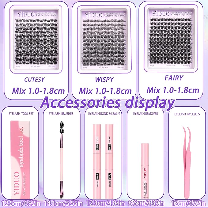 YlDUO Lashes Clusters Kit Natural Clusters Lash Extensions C/D Curl Wispy Individual Fake Eyelash, DIY Natural Extension Lash with Glue*2|Tweezers|Removers|Eyelash&Eyebrow Brush DIY at Home Easily