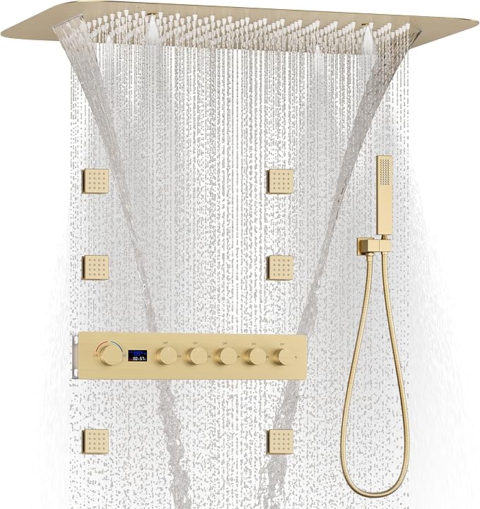 KATAIS Brushed Gold 16X24 inch Ceiling Mounted Shower Head Set(Rain&Waterfall&Mist 3 Modes), Digital Display Shower System with 6 PCS Body Jet and Handheld Spray