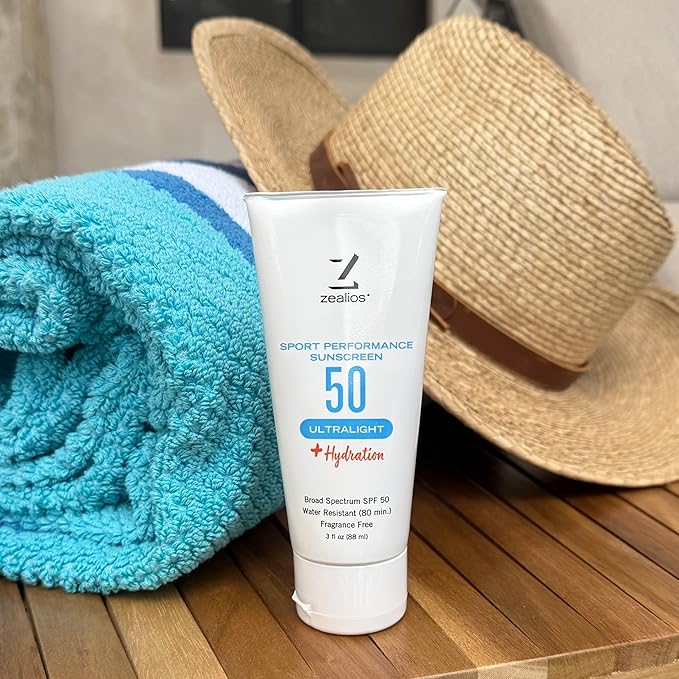 Zealios Sport Performance Ultralight SPF 50 Sunscreen +Hydration, 3 oz Tube, Broad Spectrum, Water & Sweat Resistant (80 min) Non-Greasy, Fragrance-Free Lotion for Swimming, Running & Cycling