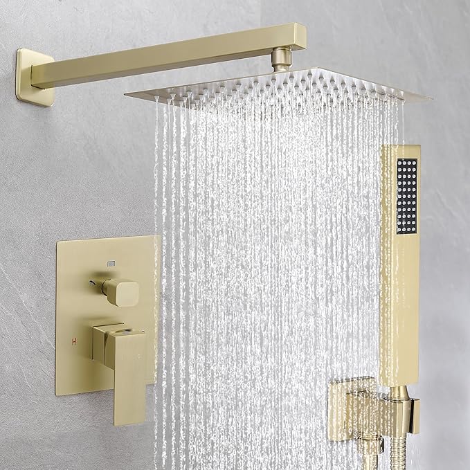 Fransiton Shower Faucet set with Shower head 10 Inches Rainfall Shower Head and Handle Set Single Handle Wall Mounted Shower System Set with Female Threads Valve Body(10", Brushed Gold)