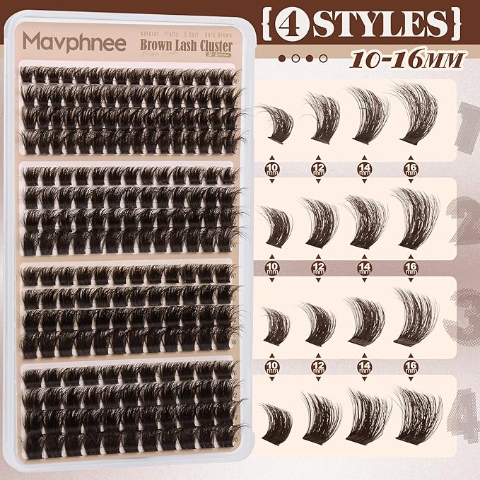 Brown Lash Clusters Kit Fluffy Thick Cluster Eyelash Extensions Kit Volume Dark Brown Eyelash Clusters CC-Curly Individual Lashes 130D 150D 180D 200D Cluster Lashes with Lash Bond and Seal, Tweezers