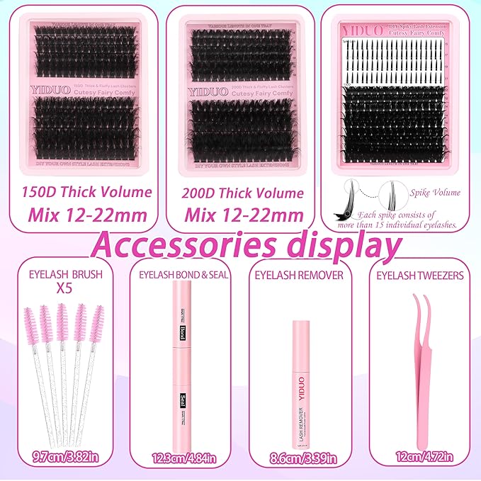 575Pcs Lashes Clusters Kit with Glue and Removers, D Curl Volume 150D+200D Thick+Spiky Lashes Extension, 12-21mm Thick Extension Eyelashes DIY Individual False Eyelash Kit DIY at Home Easily