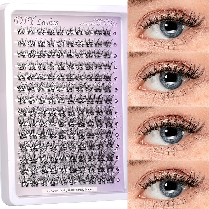 Natural Lash Clusters Kit Wispy Lash Invisible Lash Band Cluster Eyelash Extensions Kit 8-16mm Individual Lashes Extension DIY D Curl Eyelash with Waterproof Clear Lash Band Clusters