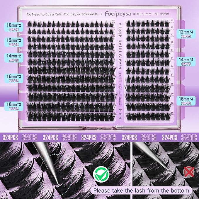 Focipeysa Eyelash Clusters with Spikes Lashes Clusters 10-18mm Wispy Eyelash Extensions 150D Clusters Eyelashes 324pcs Full Volume Lash Extension for DIY Natural or Dramatic Makeup