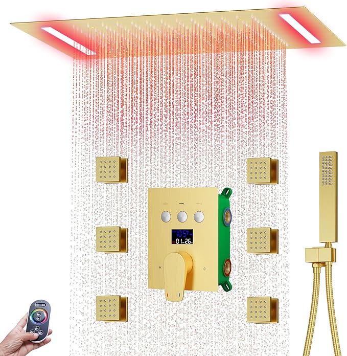 WHSHOWER Digital Display Shower Faucet Set With 14x20 Inch LED Rainfall Shower Head,Brass Handheld Sprayer And 6pcs Body Jets,Full Body Shower System (Brushed Gold)