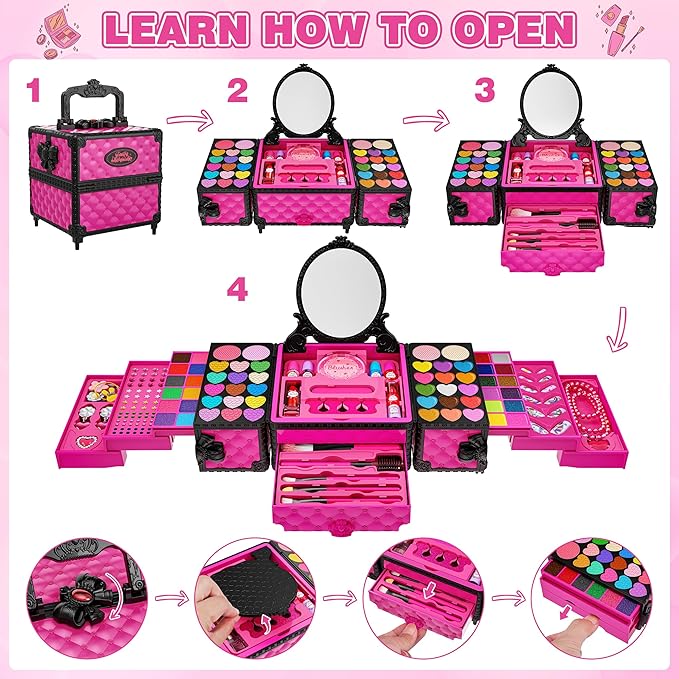 99 Pcs Kids Makeup Kit for Girls, Princess Toys Real Washable Cosmetics Set with Mirror,Rings, Necklace, Perfect for 3 4 5 6 7 8 Year Old Girls Birthday