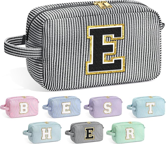 YOOLIFE Birthday Gifts for 6 7 8 9 10 11 12 13 14 15 Year Old Teen Girl - Initial Makeup Bag Letter Toiletry Pouch Cosmetic Case, Personalized Teen Girl Gifts Trendy Stuff Party Favor, Black E