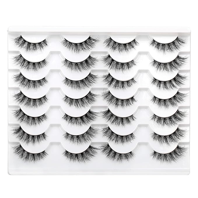 Pooplunch False Eyelash Strips Natural Crossed Cat Eye Lashes Fluffy Volume Wispy C-Curly Faux Mink Fake Eyelashes 14 Pairs Pack