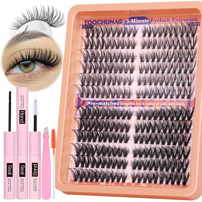 TOOCHUNAG Cat Eye Lash Clusters Kit Wispy DIY Lash Extension Kit Natural Eyelash Extension Kit 7-16mm Individual Cluster Lashes Extensions with Lash Bond and Seal, Tweezers, Brushes(30D+40D)