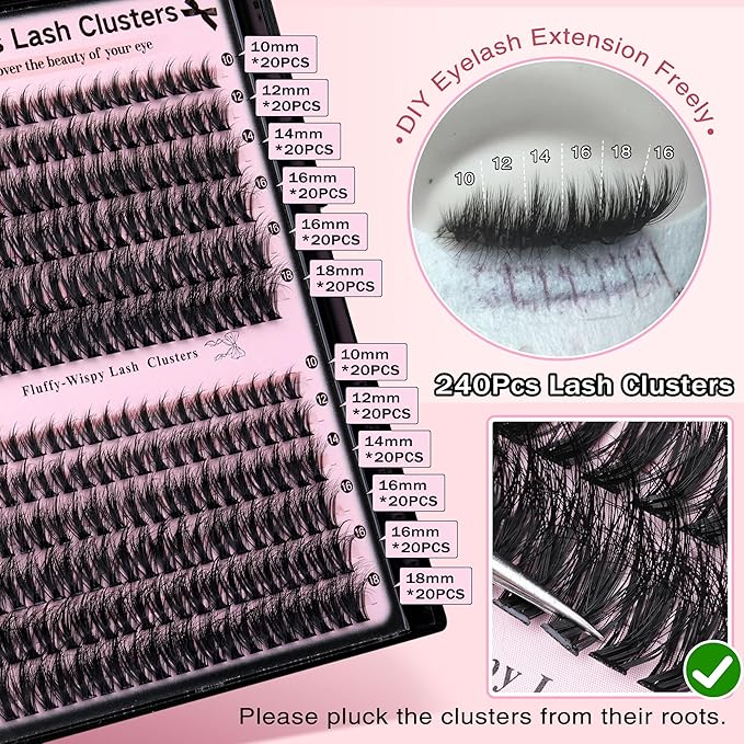Lash Clusters Wispy Eyelash Clusters Fluffy Lashes Clusters Cute D Curl Cluster Eyelash Extensions with Soft Cotton Band Cluster Lashes 10-18mm Eyelashes Clusters for DIY Lash Extension