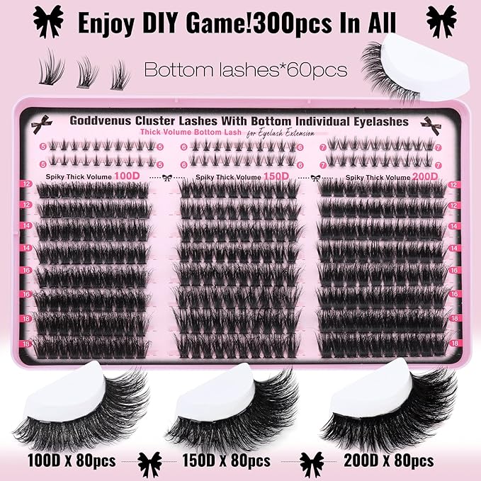 Lash Clusters Volume Cluster Eyelash Extensions D Curl Waterproof Individual Lashes 240pcs Fluffy Faux Mink Cluster Lashes and 60pcs Bottom Lashes for DIY Eyelash Extension