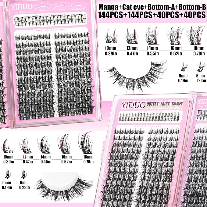 8 Styles Mix Lashes Clusters Kit 4 Box Cluster Lash Book Kit with Bond&Seal 1888Pcs 100D/200D/300D Volume Manga Eyelash Extension with Spikys/Bottom lash Kit for Beginners DIY at Home Easily