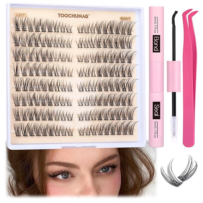 Cat Eye Lash Extension Kit Natural DIY Eyelash Extension Kit Wispy Lash Clusters Kit Individual Lashes with Lash Bond and Seal and Eyelash Clusters Tweezers by TOOCHUNAG