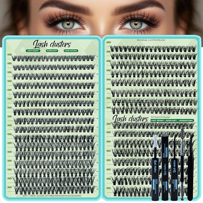 Wispy Lash Clusters Kit 640pcs Eyelash Cluster Extensions 30D+40D Curl Individual False Eyelashes Natural Fluffy Mink Lash Clusters Extension Kit (9-16mm with Lash Bond&Seal,Brush,Tweezers)