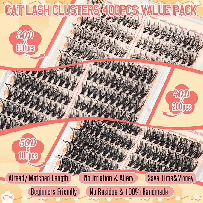 Cat Eye Lash Clusters Wispy Eyelash Clusters 30D+40D+50D Individual Lashes 400pcs Light & Right Cluster Eyelash Extensions D-curly Lash Extension 8-18mm Natural Lashes Clusters for Beginners