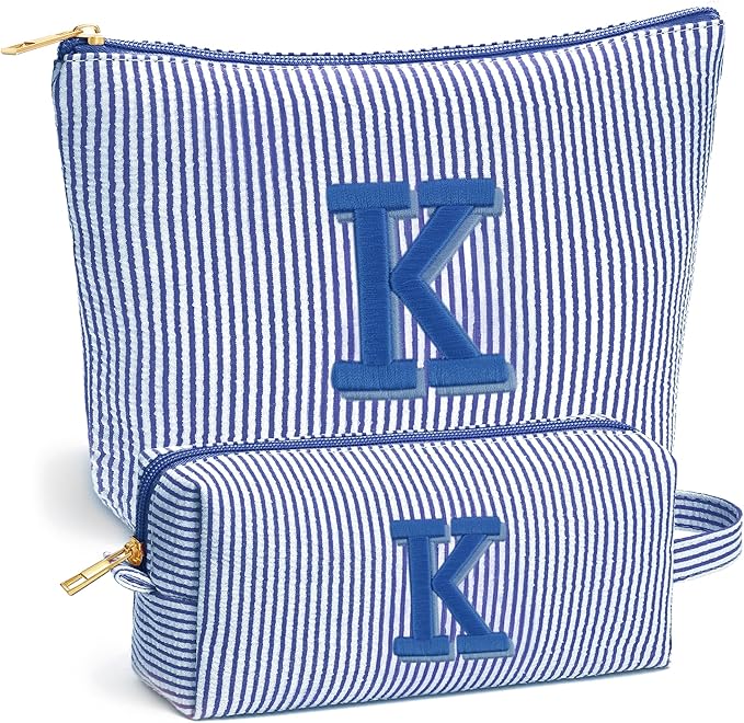 Fohufo Beach Bags for Women Girl - Summer Beach Toiletry Makeup Bag, Travel Gifts for Her, Summer Personalized Makeup Pouch for Women Girls Birthday Gifts for Womens Girls - Blue Initial K