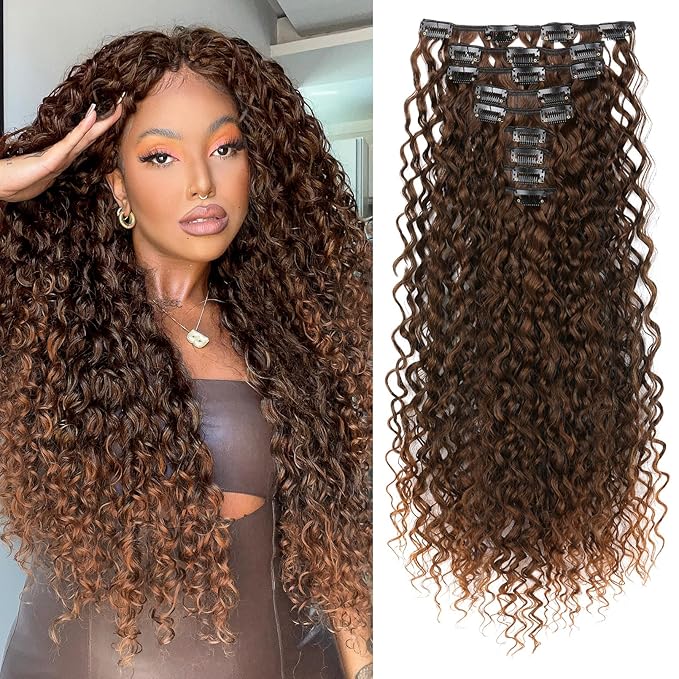 LONAI Hair Extension,9PCS Brown 22" Curly Clip in Hair Extensions LN002 Long Soft Thick Synthetic Hairpieces for Women-Almond brown