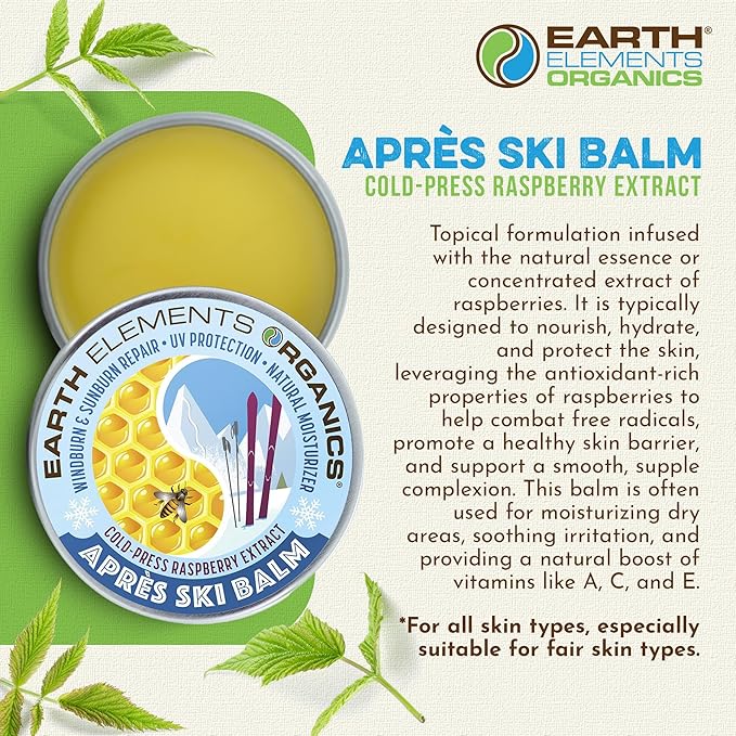Earth Elements Organics Après Ski Balm Raspberry Leaf Oil, Natural Moisturizer for Skin Hydration, Organic Skincare for All Skin Types – 1 oz