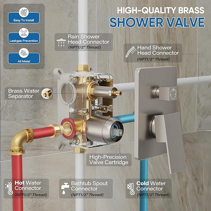 HoliSpa Tub Shower System, All Metal Tub Shower Faucet Set with 12" Rain Shower Head and Handheld Spray combo, Wall Mounted Shower Systems with Tub Spout, Valve and Trim Kit, Brushed Nickel
