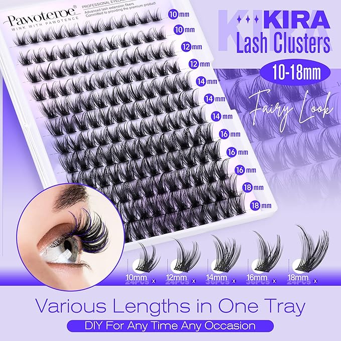 Pawotence Lash Clusters Wispy Kira Cluster Eyelash Extensions 10-18mm Individual Lashes DIY Cluster Lashes Extension Soft Comfortable Eyelash Clusters with Thin Band