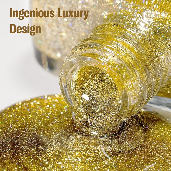 Glitter Gold Nail Polish 15ml, Christmas Quick Drying Nail Polish Regular Shimmer Long-Lasting Air Dry Oil-Base Nails Polish Non Gel DIY Salon At Home