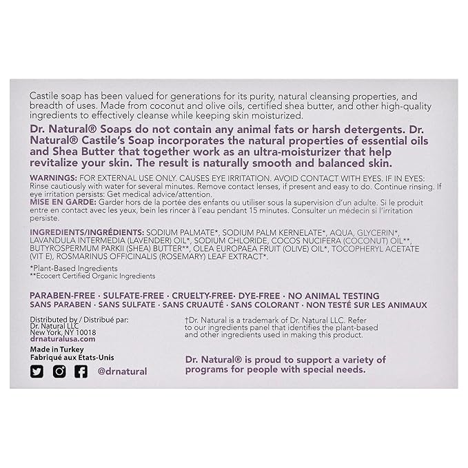 Dr. Natural Castile Bar Soap - Multipurpose Soap Bar with Anti-Acne Properties - For Face, Body and Hair - Sensitive Skin Body Wash - Lavender - 5 oz