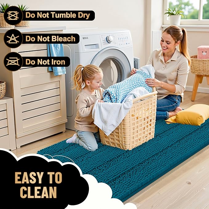 OLANLY Thick Bathroom Rugs 30x20, Extra Soft Absorbent Chenille Striped Bath Rugs, Rubber Backing, Machine Wash Dry, Bath Mats for Bathroom Floor, Tub and Shower, Home Decor Accessories, Peacock Blue