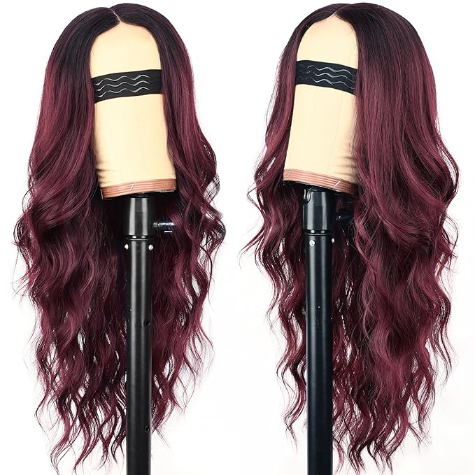 AISI HAIR Wig for Women, Long Red Wavy Lace Hairline Middle Part Synthetic Heat Resistant Wig for Daily Party-26 Inch