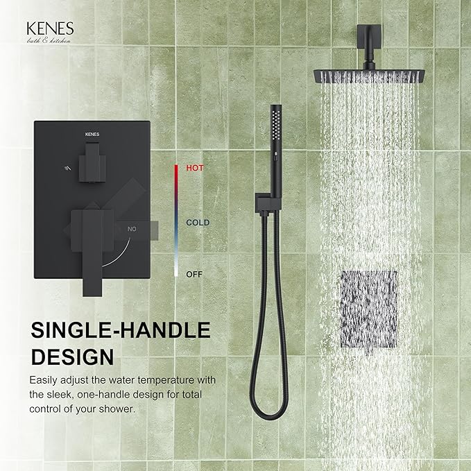 KENES Matte Black Rainfall Bathroom Shower System Rain Shower Head and Handle Set, Shower Faucet Set with 10-Inch Rain Showerhead and Handheld Spray, (Shower Valve Included), LJ-6026A-2