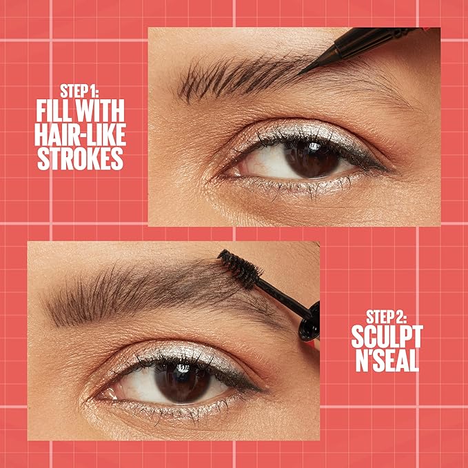 Maybelline Build-A-Brow 2-in-1 Brow Pen and Sealing Eyebrow Gel, Eyebrow Makeup for Real-Looking, Fuller Brows, Black Brown, 1 Count