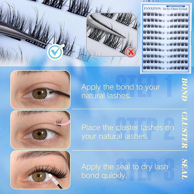 Natural Lash Clusters Kit Cat Eye Wispy DIY Lash Extension Kit Wispy Clusters Eyelash Extension Kit Thin Lash Band Individual Lashes Lash Bond and Seal and Tweezers for Lash Clusters Kit DIY at Home