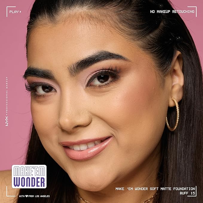 NYX PROFESSIONAL MAKEUP Make 'Em Wonder Liquid Foundation, 24HR Foundation Makeup With A Soft Matte Finish, Buildable Full Coverage - 15 Buff