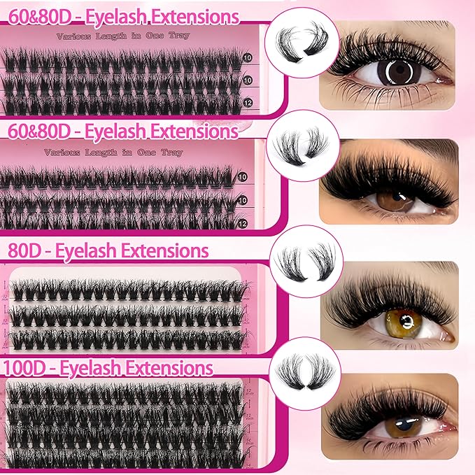 994Pcs Lashes Clusters Kit 60D/80D/100D Volume False Eyelash Extensions 10-20mm D Curl Wispy Individual Fake Eyelashes Kit, Volume Studio Effect with Bond&Seal|Tweezers|Removers|Cleanser