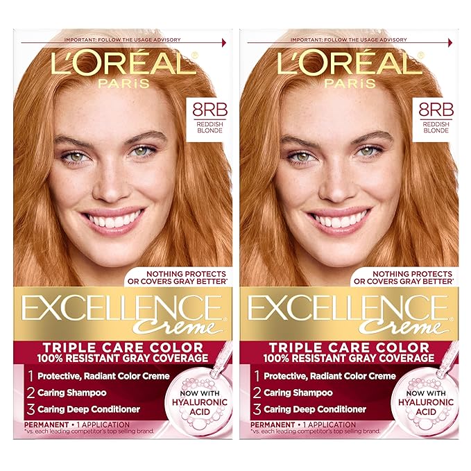 L'Oreal Paris Excellence Crème Permanent Hair Dye, Triple Care Hair Color with Hyaluronic Acid for 100% Gray Coverage, 8RB Reddish Blonde, 1 Kit (Pack of 2) (Packaging May Vary)