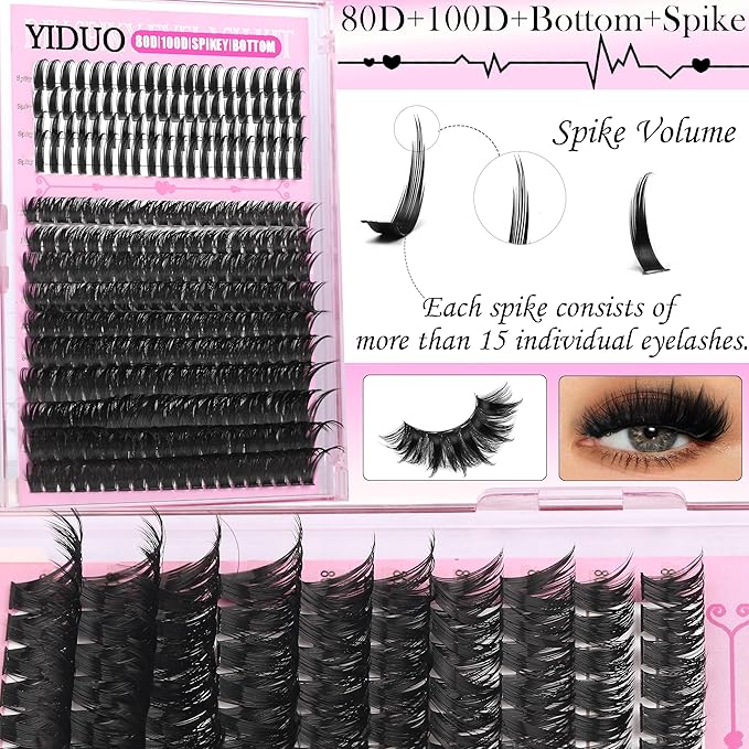8 Styles Mix Lashes Clusters Kit 4 Box Cluster Lash Book Kit with Bond&Seal 1888Pcs 100D/200D/300D Volume Manga Eyelash Extension with Spikys/Bottom lash Kit for Beginners DIY at Home Easily