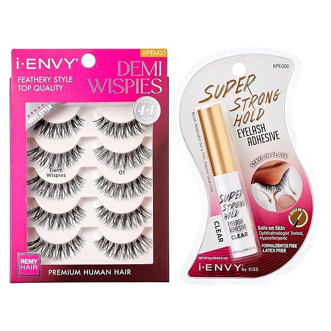 i-ENVY False Eyelashes and Lash Adhesive Set Demi Wispies Natural Lashes 5 Pairs Fake Eye Lashes (Clear)