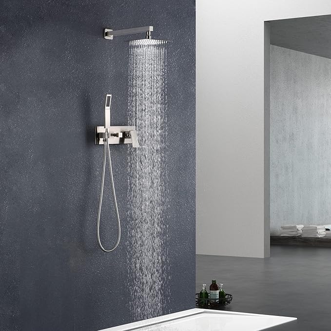 SUMERAIN Brushed Nickel Rain Shower System with Handheld Shower, Pressure Balance Shower Head System with Rough in Valve