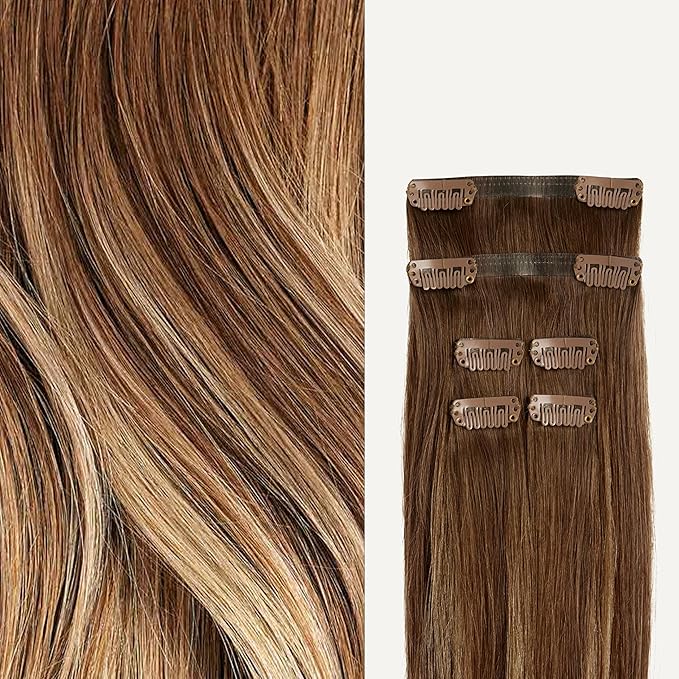 Luxy 100% Remy Human Hair Extensions for Thin Hair Thinning Hair Fill-Ins – 6 Seamless Wefts Multi-Dimensional Color Blend - Natural-Looking Volume & Coverage 80 grams 16" Chestnut Brown Balayage