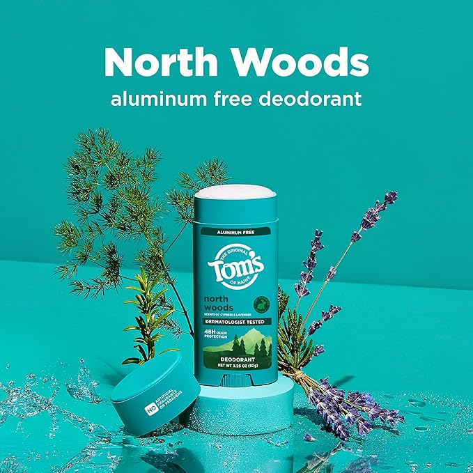 Tom’s of Maine North Woods Natural Deodorant for Men and Women, Aluminum Free, No Artificial Fragrances, Dyes, or Preservatives, Baking Soda Free, 48-Hour Odor Protection, 3.25 oz (2 Pack)