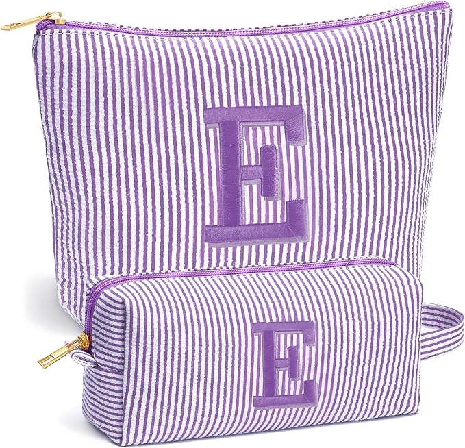 Fohufo Initial Makeup Bag Set - Cute Purple Stuff for Women, Personalized Makeup Pouch Cosmetic Bag, Travel Essentials Toiletry Bag, Birthday Christmas Gifts for Women, Purple Letter E