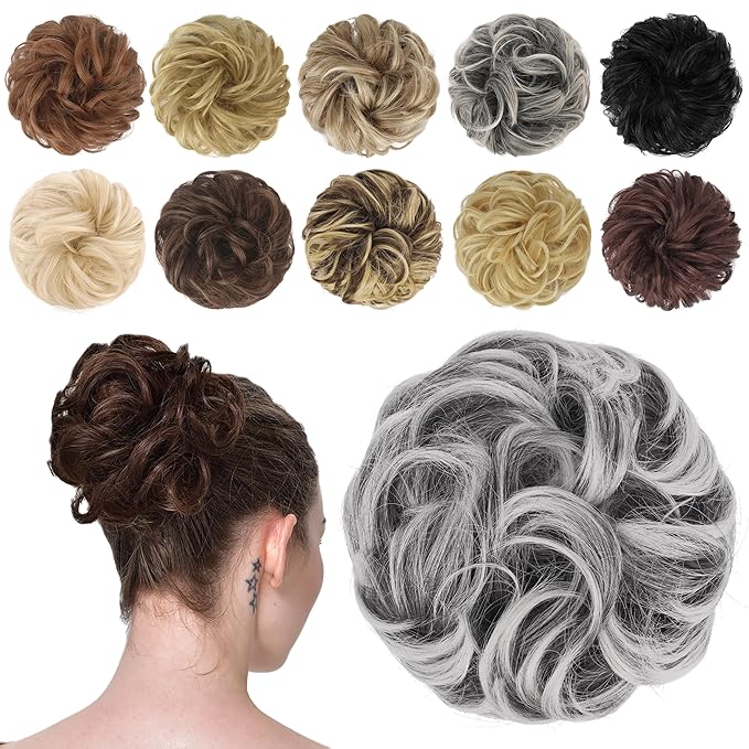 FESHFEN Messy Bun Hair Piece - Wavy Synthetic Chignon Scrunchies for Instant Volume, Elastic Bun Ponytail Hair Extensions Thick Hairpieces for Women, Black with White Tips 1.50 oz