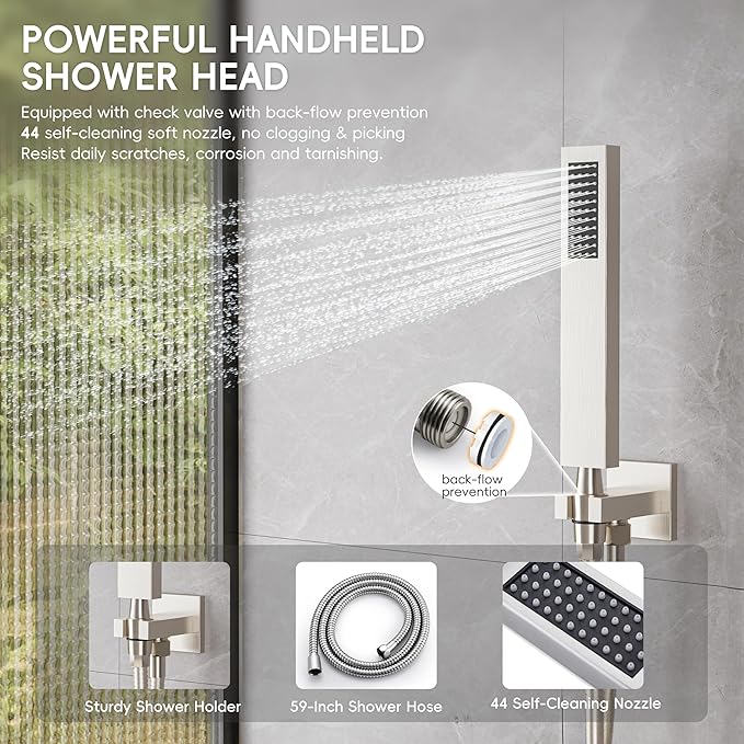 Alesco Shower Faucet Set, Brushed Nickel Shower System with 12-Inch High-Pressure Rainfall Showerheads and Handheld Spray combo, Showerfixture Include Valve and Trim Kit, Brushed Nickel