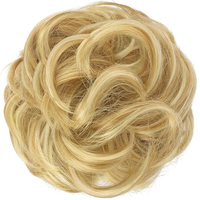 FESHFEN Messy Bun Hair Piece - Wavy Synthetic Chignon Scrunchies for Instant Volume, Elastic Bun Ponytail Hair Extensions Thick Hairpieces for Women, Strawberry Blonde & Bleach Blonde 1.50 oz