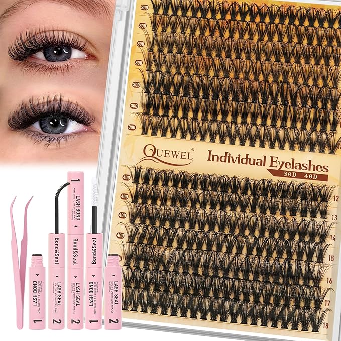 QUEWEL Lash Clusters Kit, 280 Pcs Lash Clusters 30D 40D 12-18mm Thin Band Lashes Clusters Natural Look Eyelash Extension Kit With Lashes Bond Seal Eyelashes Tweezers (LSTZ-30D+40D)